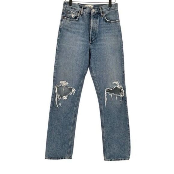 Agolde Blue 90's Pinch Waist High Rise Distressed Denim Straight Jeans Size 26 - Picture 2 of 11